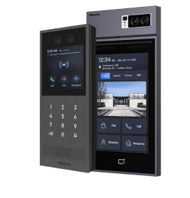 Access control security system with keypad and touchscreen interface.